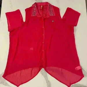 Vintage Apple Bottoms ColdShoulder Sheer ButtonUp Blouse Women 3X Studded Collar